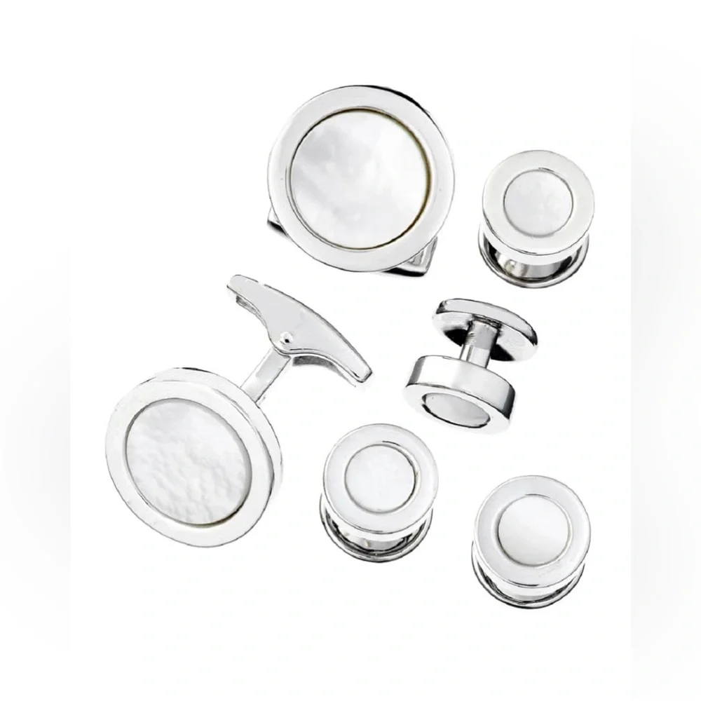 Jan Leslie Men's 925 Round Mother-of-Pearl Cufflink Stud Set